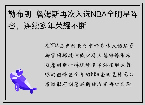 勒布朗-詹姆斯再次入选NBA全明星阵容，连续多年荣耀不断